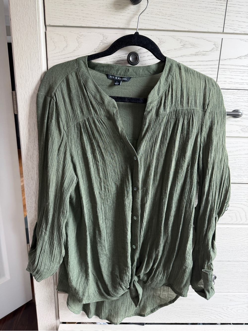 Zac & Rachel Olive Green Button-Front Tie-Hem Top